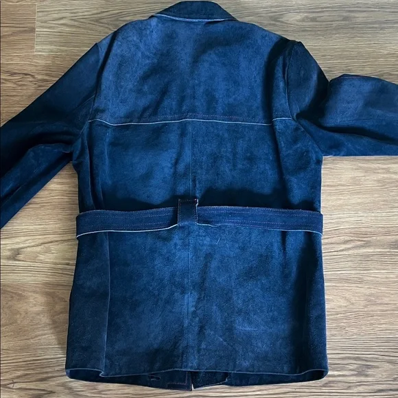 Men’s Vintage 1970s Navy Suede Belted Jacket, L - Picture 9 of 10